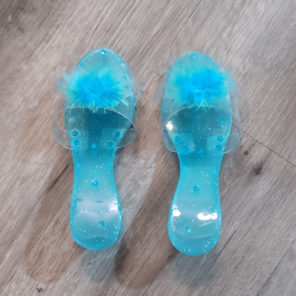 Sparkly Blue Slide Sandals with Feather Detail